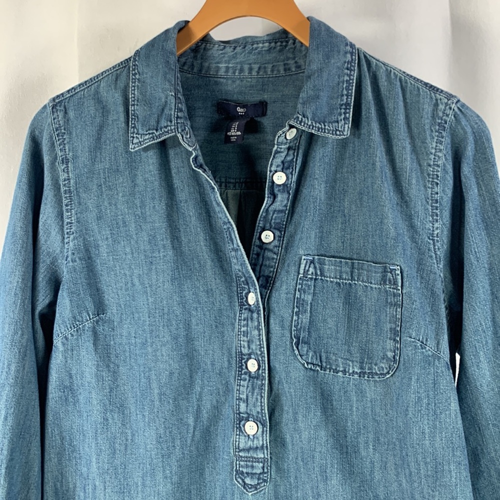 Gap Denim Pullover 1/2 Button Down Long Sleeve Blue Jean Shirt Mini Dress Size S - Picture 5 of 13